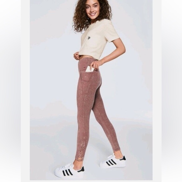PINK YOGA HIGH WAIST COTTON STRAPPY 7/8 ANKLE LEGGINGS - Picture 1 of 9